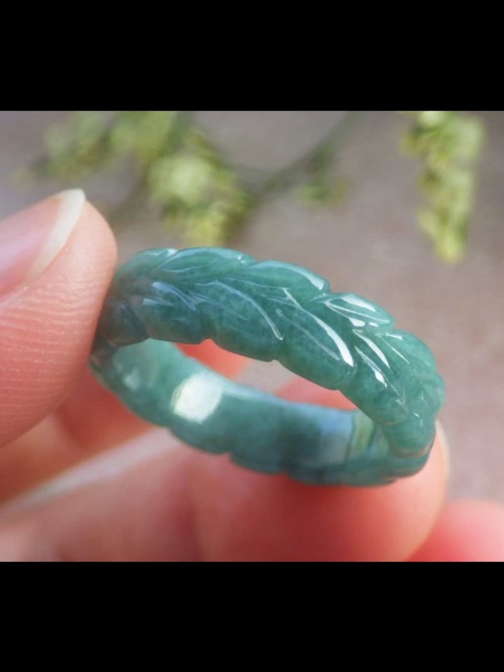Green jadeite certificate jade good fortune leaf link ring size6